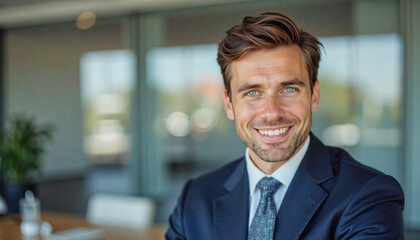 Fototapeta premium A portrait headshot photo of a friendly professional CEO executive business worker: A smiling businessman with light eyes and short brown hair, wearing a navy suit and tie, confidently looks at t