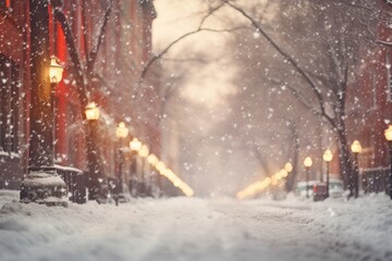 A beautiful winter street scene illuminated with festive lights, snow gently falling, and a blurred bokeh effect in the background