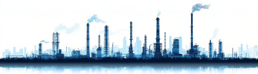 Stylized illustration of an industrial city skyline with reflections