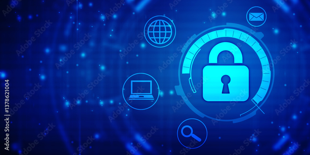 Poster closed padlock on digital screen with flowing binary codes, cyber security and safety information, p