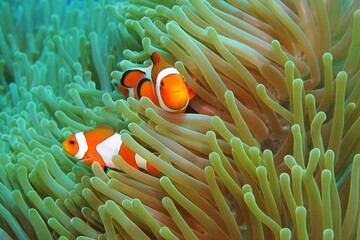 Orange tropical nemo fish in the green anemone. Anemonefish on the coral reef. Scuba diving with ocean wildlife. Detail of the reef fish in the underwater enviroment. 