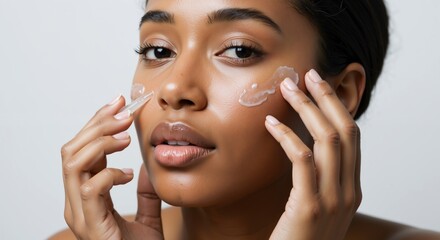 African American woman applying face cream with fingertips against white background. Female with natural makeup and glowing skin during skincare routine. Beauty and facial care. Cosmetic application.
