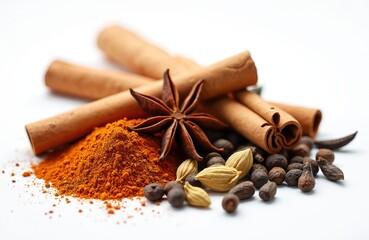 Variety of Indian spices isolated white background. Curry masala ingredients cinnamon sticks, star anise, cardamon, black peppercorns, cloves. Healthy vegetarian food, organic herbs, aroma, flavor.