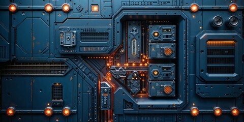 Fototapeta premium Sci-Fi Control Panel with Glowing Lights: A detailed view of futuristic machine infrastructure.