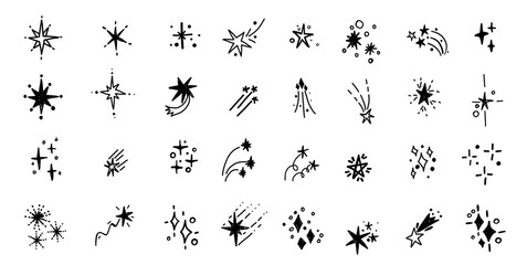 Doodle stars glitter spark freehand hand drawn scrapbook bursting elements. Sketch scribble monochrome simple line stroke brush set

