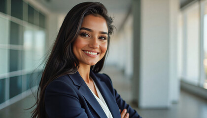Fototapeta premium A portrait headshot photo of a friendly professional CEO executive business worker: A confident businesswoman with long dark hair smiles warmly at the camera while standing in a modern office hal