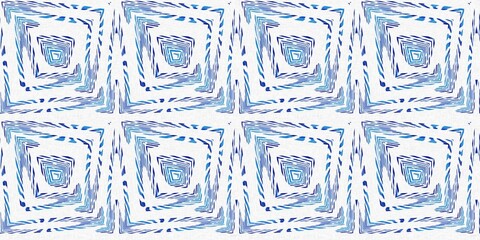 Geometric indigo shape seamless border. Irregular hand drawn batik texture for banner. Imperfect blue acid bleed swatch. 