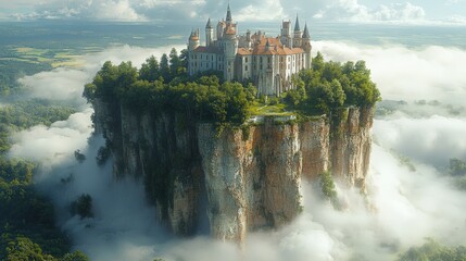 Naklejka premium Castle perched atop a towering cliff, surrounded by a misty landscape