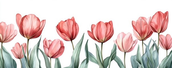 Fototapeta premium Watercolor illustration of vibrant pink tulips on a clean white background