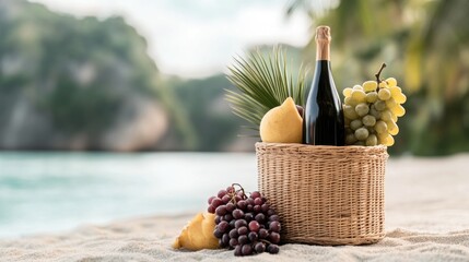 beach picnic setup, beachside picnic wicker basket, fresh fruits, drinks on sandy shore, relaxation and vacation vibes