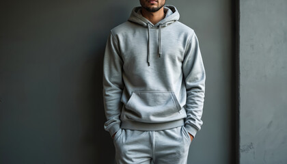 Man dressed in comfortable grey hoodie, sweatpants casual apparel. Urban lifestyle, relaxed fashion style. Versatile contemporary men clothing. Suitable for various scenarios, everyday wear or sports.