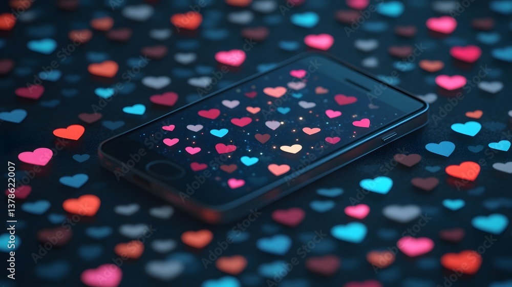 Poster smartphone with floating social media interactions in 3d isometric style