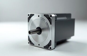 Close-up of industrial servo motor, featuring aluminum frame, precision shaft, black body. Compact design suitable for robotics, automation, various manufacturing systems. Electric motor technology.