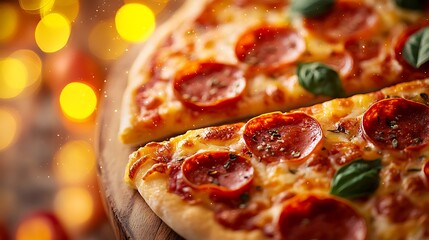 Delicious pepperoni pizza slices with melted cheese and fresh basil on a wooden serving board with bokeh lights.