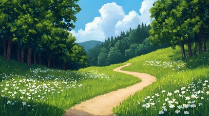 Fototapeta premium Serene Green Meadow with Wildflowers and Winding Path Leading into Forest