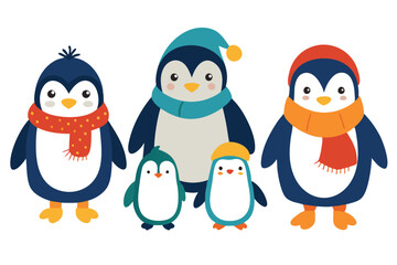 Whimsical Cartoon Penguin Family with Colorful Winter Hats and Scarves