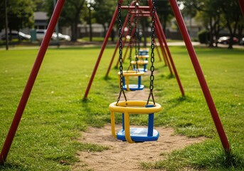 Empty playground with swings in a green park