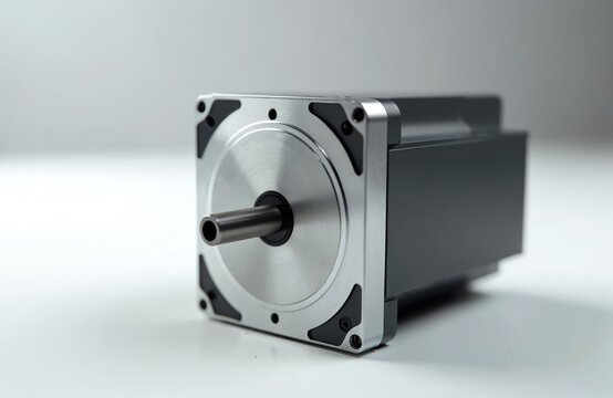 Close-up of industrial servo motor, featuring aluminum frame, precision shaft, black body. Compact design suitable for robotics, automation, various manufacturing systems. Electric motor technology.
