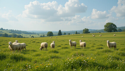 Peaceful flock of sheep grazing in a sun-drenched idyllic meadow under a bright summer sky with rolling hills in the background.