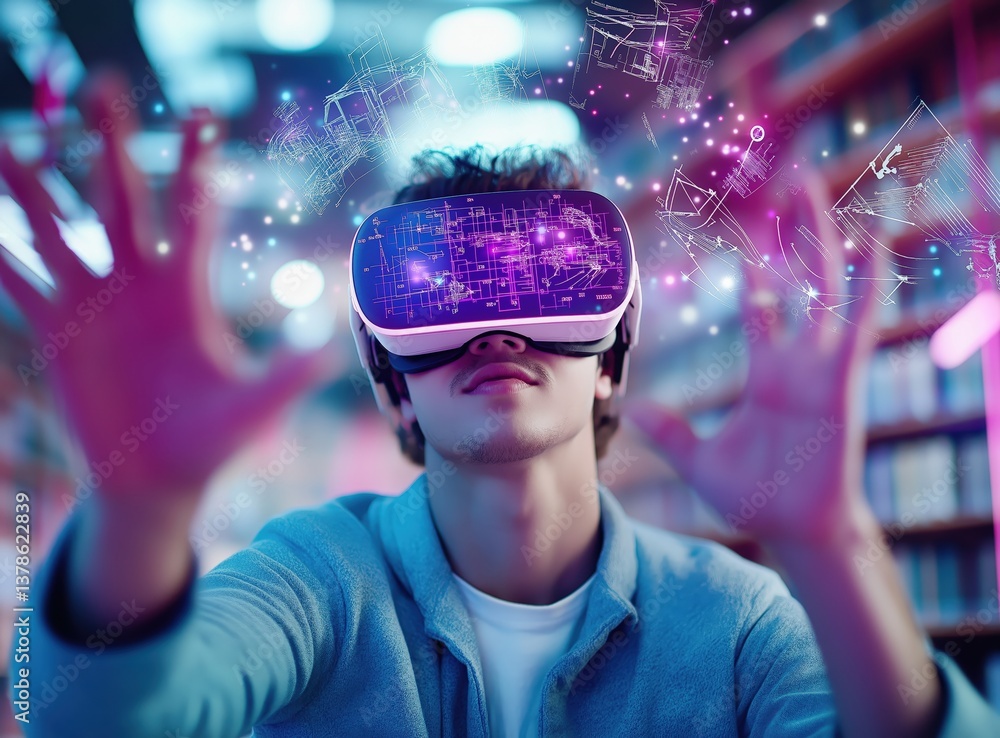 Poster a person experiencing virtual reality with a headset, reaching out as colorful digital graphics floa