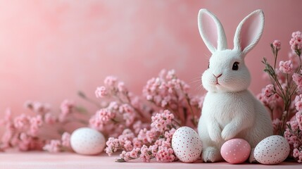 Whimsical Easter background with bunny, eggs and flowers with white wood sign on pastel peach background, minimalist style for e-commerce and social media posts
