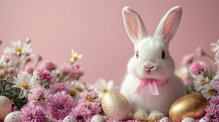 Minimalist Easter background with a cute white bunny wearing a pink ribbon surrounded by Easter eggs and flowers on a soft light pink wall
