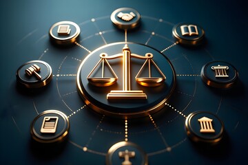 A digital interface design on a dark teal gradient background features a central golden glowing scales of justice icon with intricate metallic detailing.
