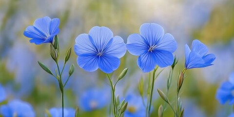 Blue flowering plants with delicate petals and yellow centers growing in a garden