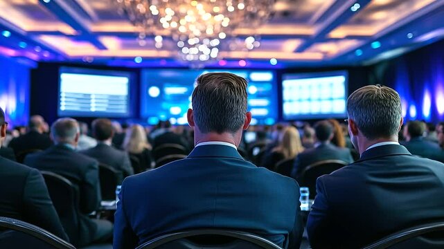 Rear shot of an international conference, audience members from various industries listening intently as the speaker presents financial projections on large screens flanking the st