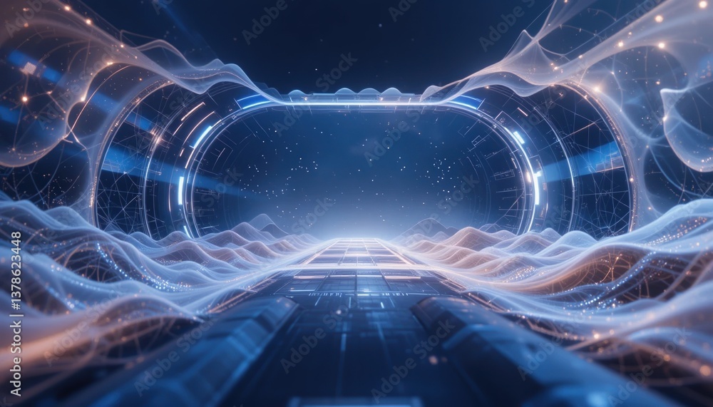 Poster futuristic digital landscape virtual reality environment 3d visualization technology showcase abstra