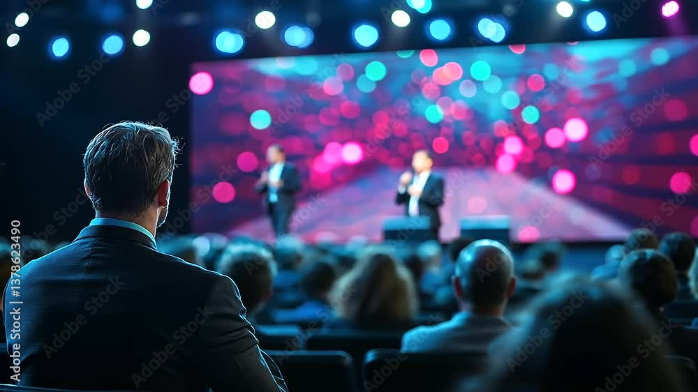 Poster professional audience sitting in neatly arranged rows, focused on a speaker pacing across a modern s