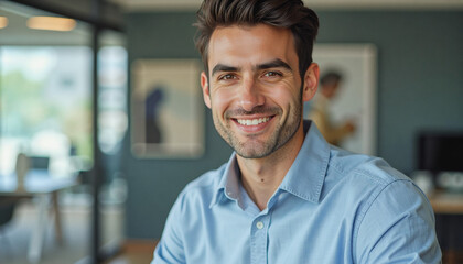 Obraz premium A portrait headshot photo of a friendly professional CEO executive business worker: A smiling man with a beard sits indoors, looking directly at the camera with a warm and inviting expression.