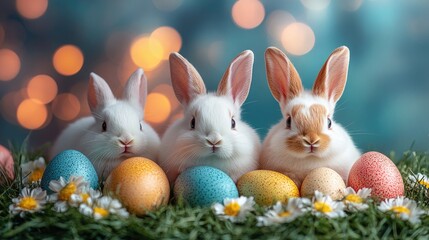 Vibrant Easter eggs scattered on the grass, with white rabbits arranged in the foreground as a charming backdrop for an Easter celebration.
