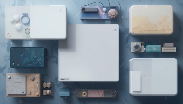 Tech equipment arrangement modern workspace digital art minimalist environment flat lay view creative concept for enhanced productivity