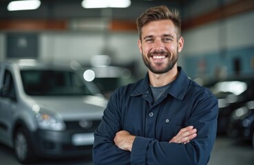 Smiling mechanic stands in car repair shop with arms crossed. Confident professional in blue uniform looks at camera. Workshop interior, automotive, car service station, auto maintenance.