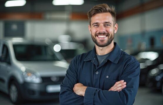 Smiling mechanic stands in car repair shop with arms crossed. Confident professional in blue uniform looks at camera. Workshop interior, automotive, car service station, auto maintenance.