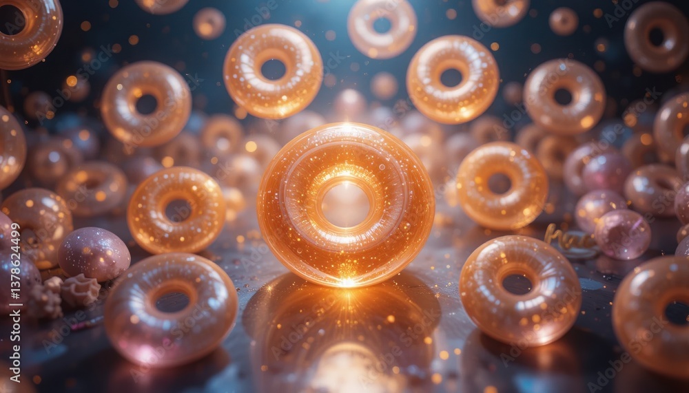 Poster floating glowing donuts futuristic digital space 3d render mystical environment close-up view surrea