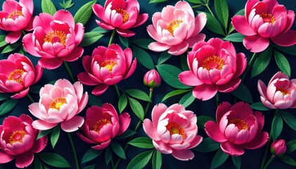 Obraz premium Bold, densely packed peonies create a lush repeating design , peony pattern, leaves, vibrant
