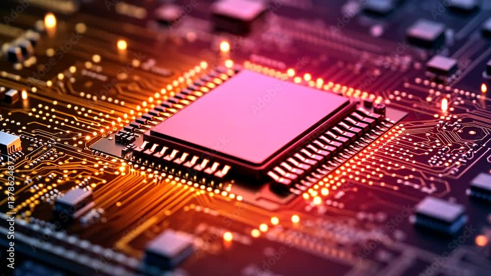 Poster illuminated semiconductor microchip and circuit board close-up for high-tech industries