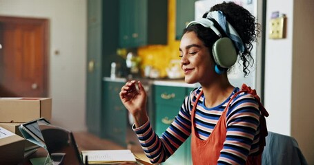 Happy, dancing or woman with shipping for small business website orders or delivery in home. Music, clothes designer or girl in celebration for ecommerce review, startup logistics or goal on laptop