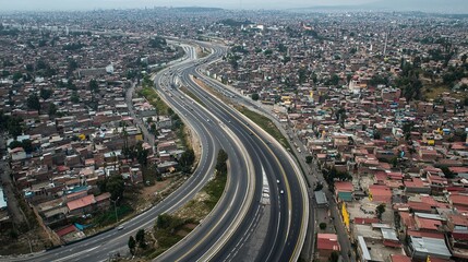 An aerial view of a winding highway cutting through a dense urban area pic