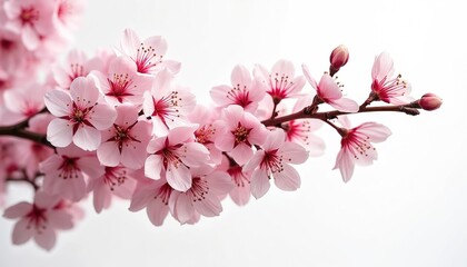 Obraz premium Close-up pink cherry blossoms spring. Delicate sakura flowers on branch isolated white background. Blossom, floral design, wedding decor, beauty, freshness, springtime.