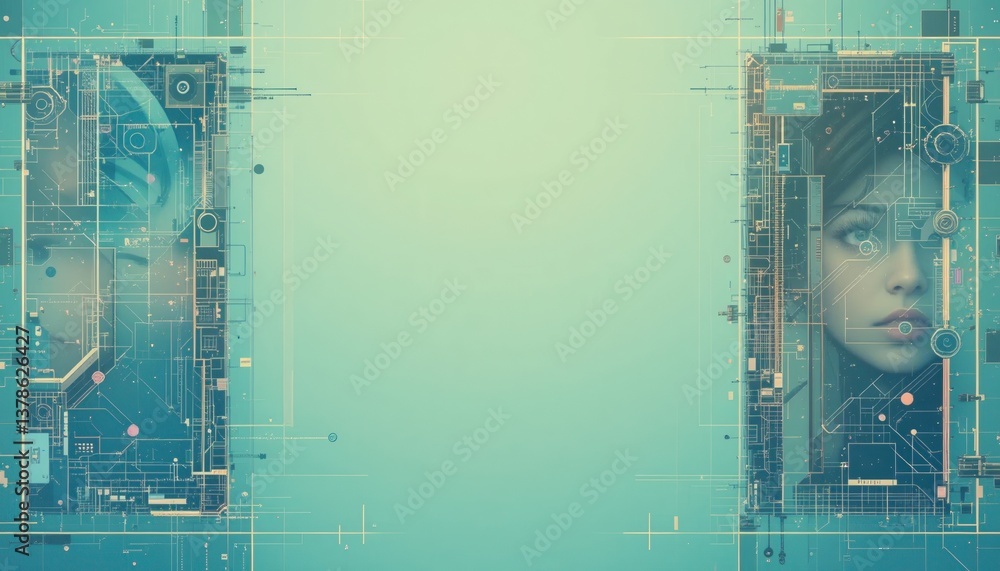 Poster exploring the intersection of ai and humanity virtual environment digital art futuristic setting clo