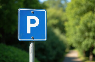 Blue parking sign on green foliage background. Roadside information, urban transport, traffic regulation, symbol. Summer sunny day, travel safety concept. Signpost with parking advice, guidance for