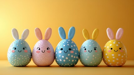 A charming group of cute Easter eggs decorated with bunny ears and simple faces arranged on an isolated yellow background, with a solid light orange background adding depth to the scene.
