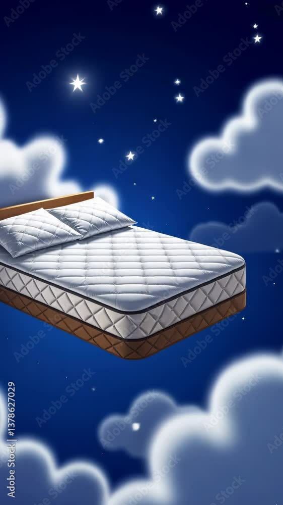 Poster a white bed is floating in the sky. the bed is surrounded by clouds and stars. there are two pillows