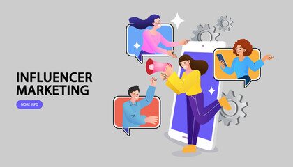 A woman with a megaphone promotes a brand through social media, a vector illustration of influencer marketing and digital advertising, with a team of content creators.