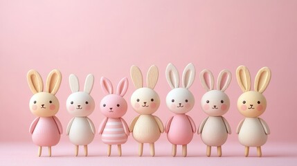 Easter-themed pink background adorned with small wooden bunnies and rabbits, each perched on sticks, creating a charming and whimsical display that captures the essence of the holiday spirit.
