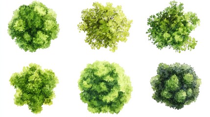 Illustrations of Trees Top View Green Foliage on White Background