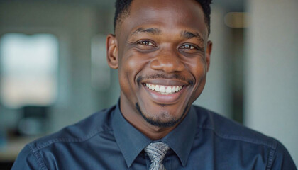A portrait headshot photo of a friendly professional CEO executive business worker: A young Black man with a warm smile confidently looks at the camera while wearing a dark gray shirt and pattern
